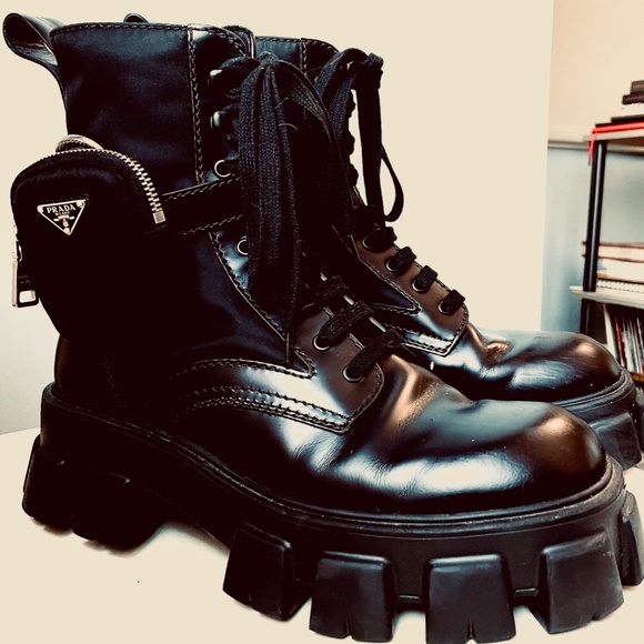 PRADA BOOTS (combat) size 43 Monolith brushed leather and nylon boots with pouch - Picture 3 of 9